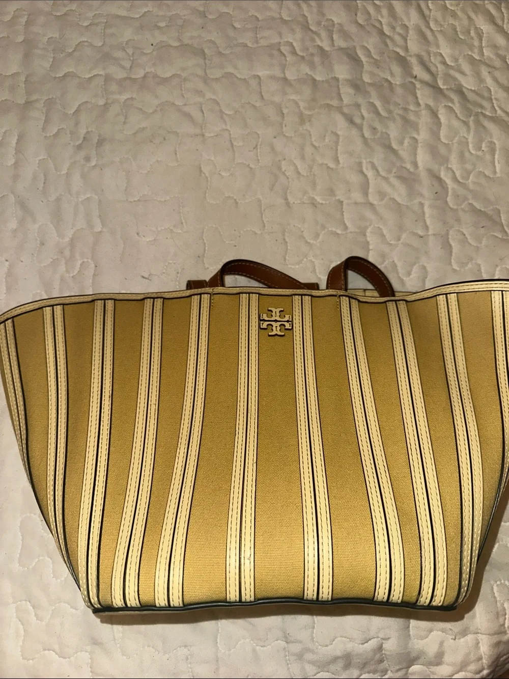 Tory Burch Mustard and Cream Striped Canvas Tote with Brown Handles